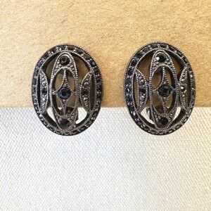 Vintage Monet Oval Clip On Earrings Black Rhinestone‎ Art Deco Style